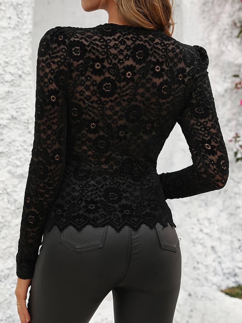 Camicetta in Pizzo | Trasparente | Scollo a V | Top in pizzo a maniche lunghe | Abbigliamento donna-Modasso