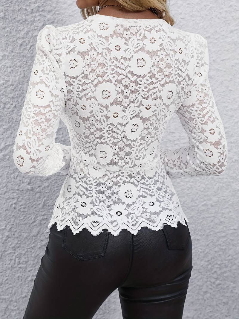 Camicetta in Pizzo | Trasparente | Scollo a V | Top in pizzo a maniche lunghe | Abbigliamento donna-Modasso