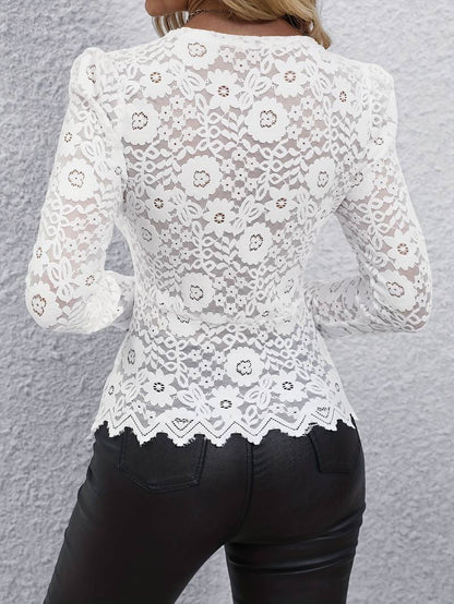 Camicetta in Pizzo | Trasparente | Scollo a V | Top in pizzo a maniche lunghe | Abbigliamento donna-Modasso