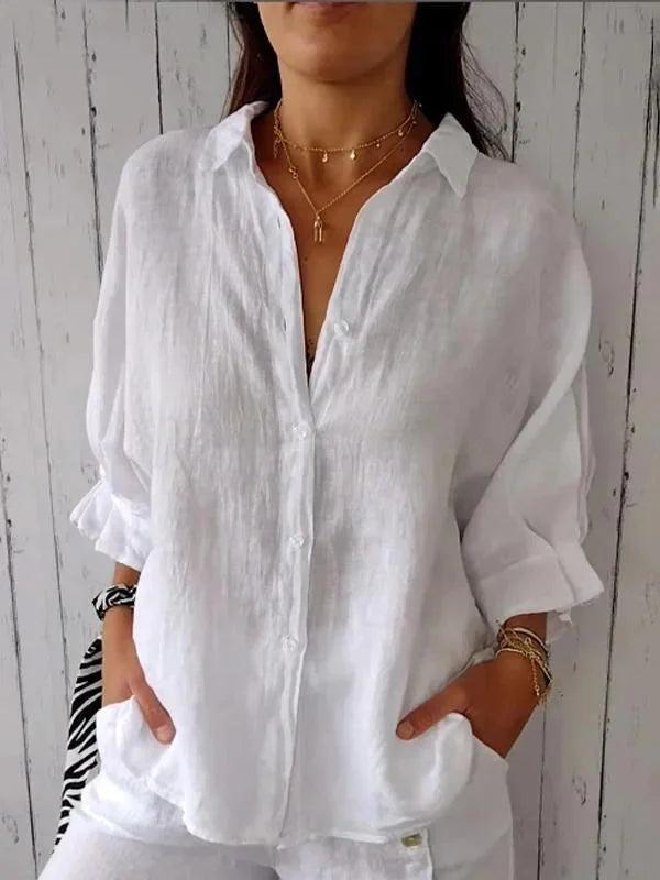 Camicetta in lino | Cotone | Leggera | Camicetta abbottonata | Camicia in lino da donna-Bianco-S-Modasso