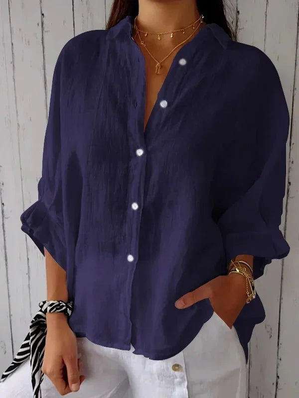 Camicetta in lino | Cotone | Leggera | Camicetta abbottonata | Camicia in lino da donna-Blu scuro-S-Modasso