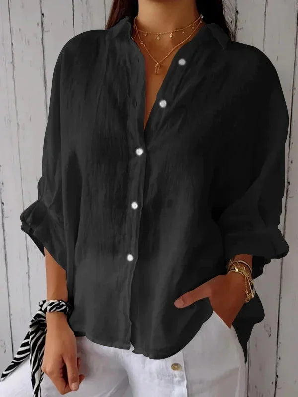 Camicetta in lino | Cotone | Leggera | Camicetta abbottonata | Camicia in lino da donna-Nero-S-Modasso