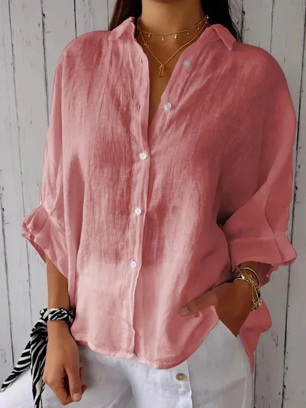 Camicetta in lino | Cotone | Leggera | Camicetta abbottonata | Camicia in lino da donna-Rosa-S-Modasso