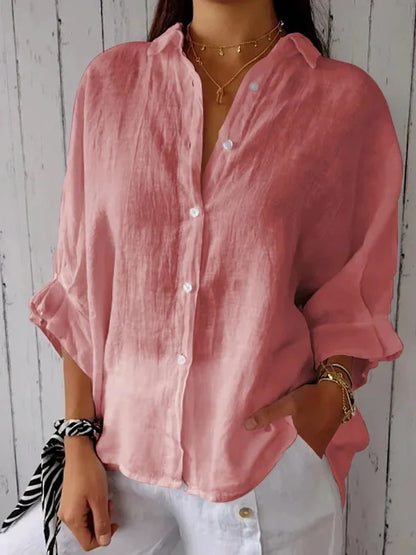 Camicetta in lino | Cotone | Leggera | Camicetta abbottonata | Camicia in lino da donna-Rosa-S-Modasso