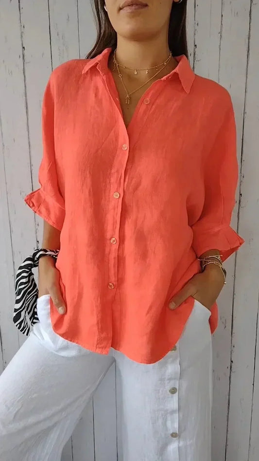 Camicetta in lino | Cotone | Leggera | Camicetta abbottonata | Camicia in lino da donna-Rosso arancio-S-Modasso