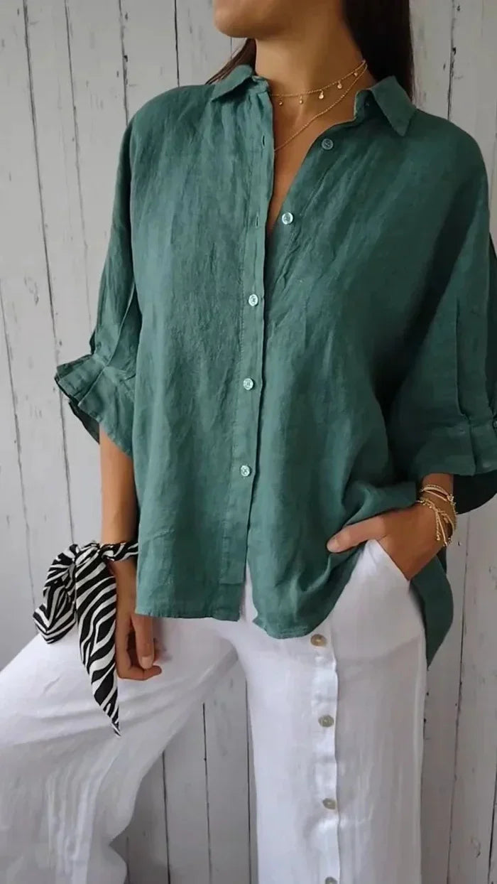 Camicetta in lino | Cotone | Leggera | Camicetta abbottonata | Camicia in lino da donna-Verde malachite-S-Modasso