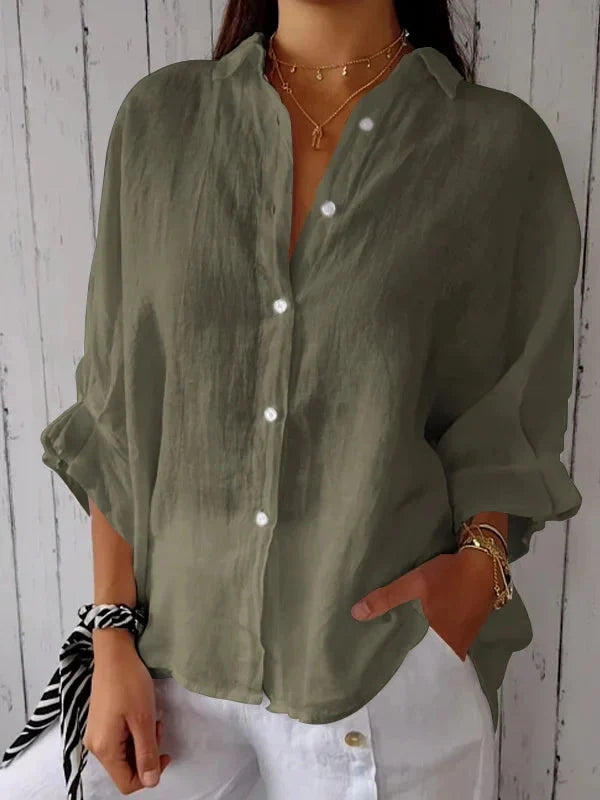 Camicetta in lino | Cotone | Leggera | Camicetta abbottonata | Camicia in lino da donna-Verde militare-S-Modasso