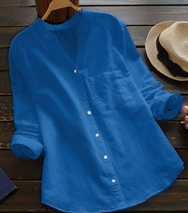 Camicetta in lino | Maniche corte | Vestibilità morbida | Camicetta con bottoni | Camicie in lino da donna-Azzurro-XS-Modasso