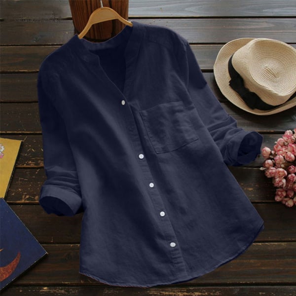 Camicetta in lino | Maniche corte | Vestibilità morbida | Camicetta con bottoni | Camicie in lino da donna-Blu Scuro-XS-Modasso