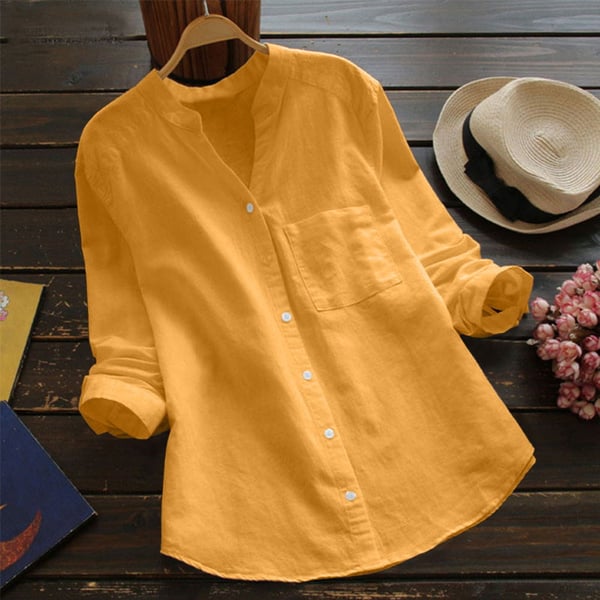 Camicetta in lino | Maniche corte | Vestibilità morbida | Camicetta con bottoni | Camicie in lino da donna-Giallo-XS-Modasso