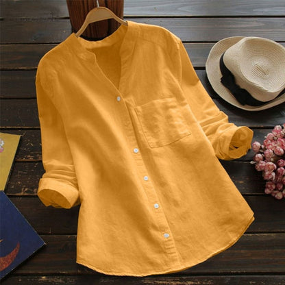 Camicetta in lino | Maniche corte | Vestibilità morbida | Camicetta con bottoni | Camicie in lino da donna-Giallo-XS-Modasso