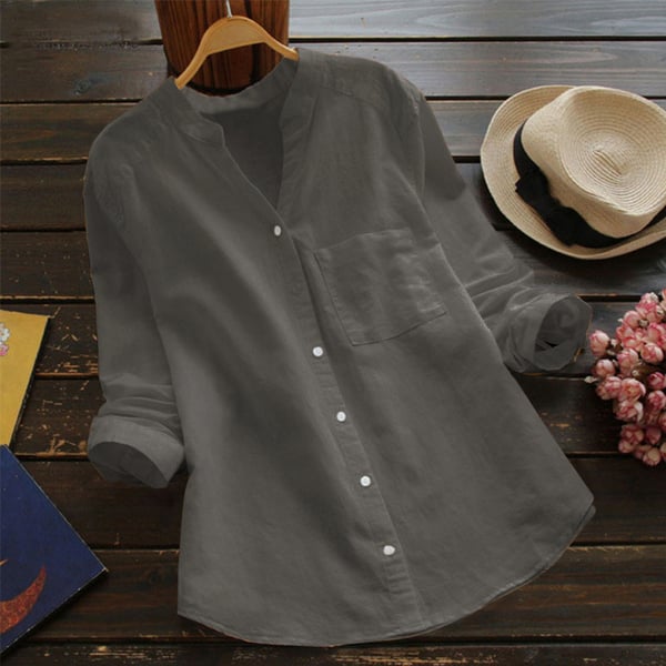 Camicetta in lino | Maniche corte | Vestibilità morbida | Camicetta con bottoni | Camicie in lino da donna-Grigio-XS-Modasso