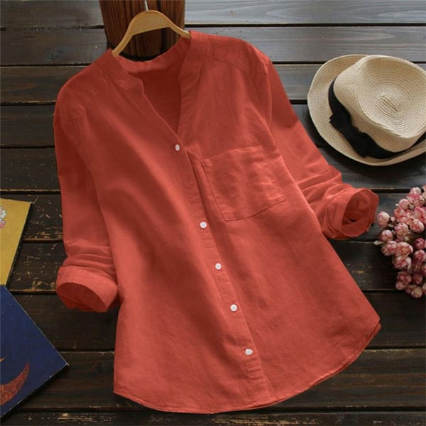 Camicetta in lino | Maniche corte | Vestibilità morbida | Camicetta con bottoni | Camicie in lino da donna-Rosso mattone-XS-Modasso