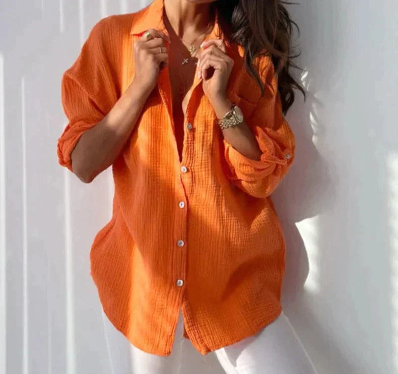 Camicetta oversize - Leggera - Maniche lunghe - Camicetta con bottoni - Abbigliamento donna-Arancione-S-Modasso