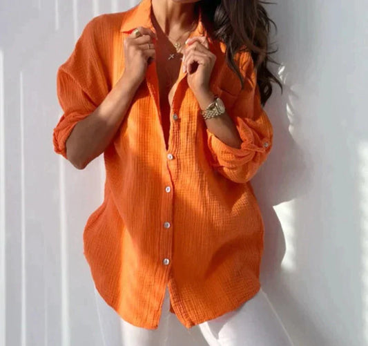 Camicetta oversize - Leggera - Maniche lunghe - Camicetta con bottoni - Abbigliamento donna-Arancione-S-Modasso