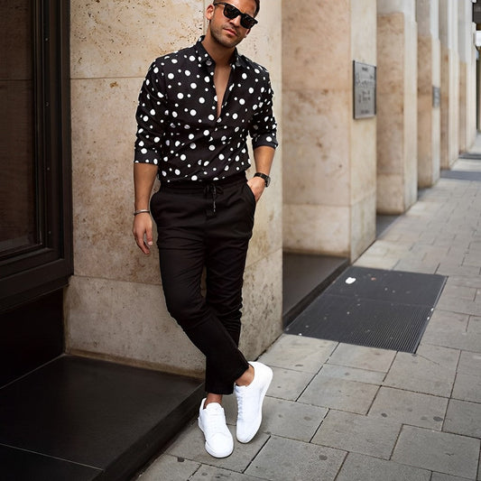 Camicia a pois | Maniche lunghe | Con colletto | Camicia abbottonata | Camicia da uomo-Nero-M-Modasso