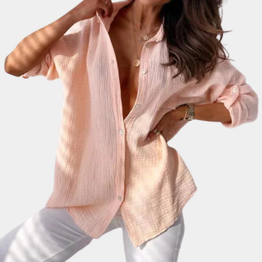 Camicia abbottonata | Maniche lunghe | Vestibilità ampia | Camicia estiva | Camicetta da donna-Rosa-S-Modasso
