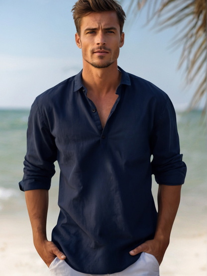Camicia di Lino, Mezza Manica in Cotone, Camicia Estiva da Uomo-Modaso