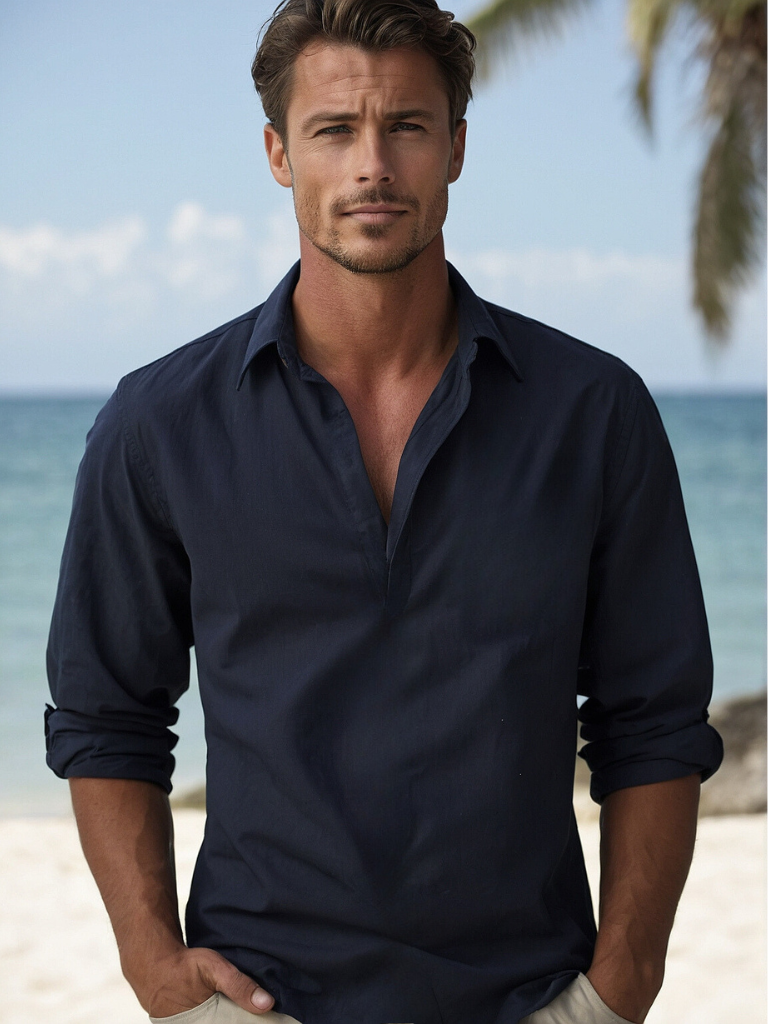 Camicia di Lino, Mezza Manica in Cotone, Camicia Estiva da Uomo-Modaso
