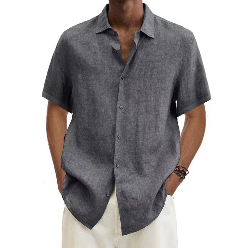 Camicia in lino, Manica corta, Cotone, Camicia con abbottonatura, Abbigliamento uomo-Grigio-S-Modaso
