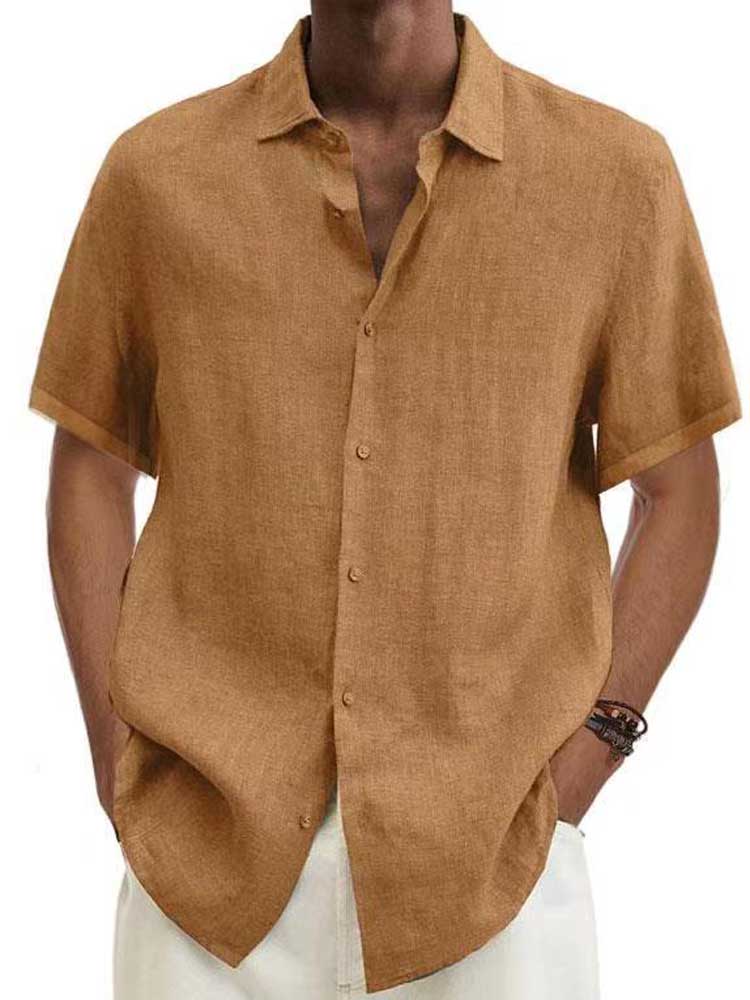 Camicia in lino, Manica corta, Cotone, Camicia con abbottonatura, Abbigliamento uomo-Kaki-S-Modaso