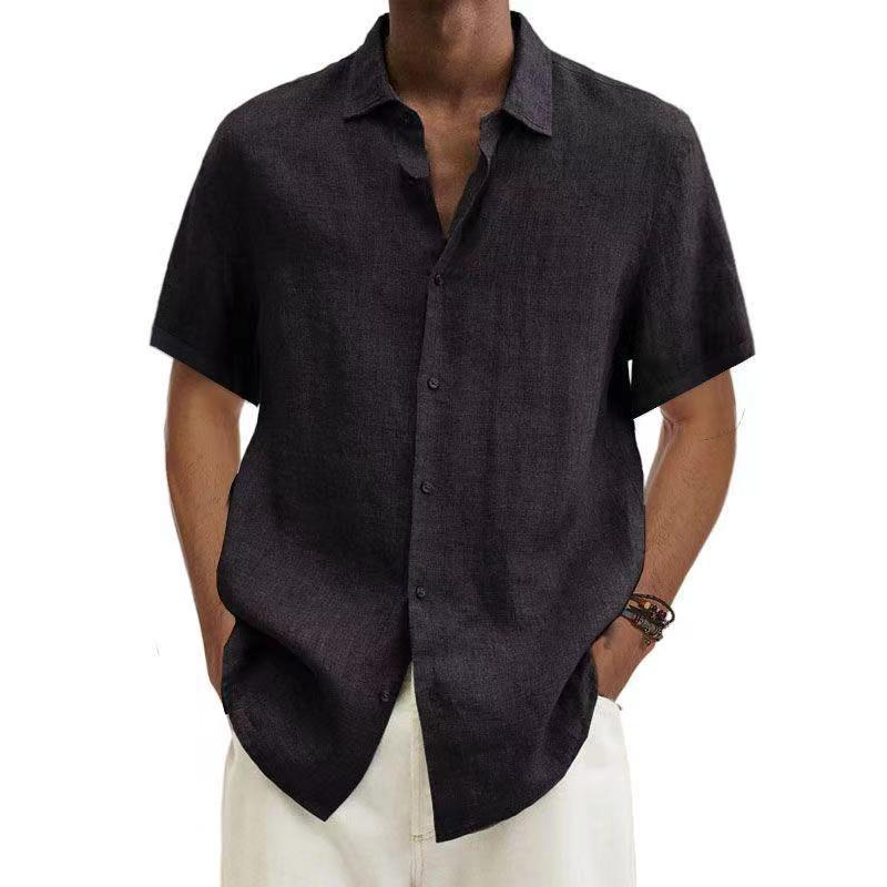 Camicia in lino, Manica corta, Cotone, Camicia con abbottonatura, Abbigliamento uomo-Nero-S-Modaso