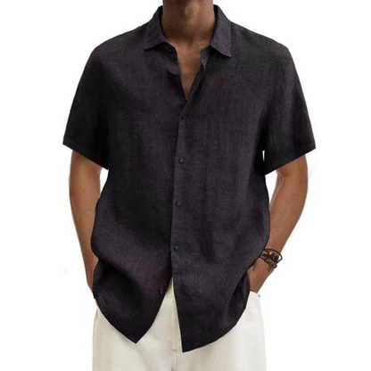 Camicia in lino, Manica corta, Cotone, Camicia con abbottonatura, Abbigliamento uomo-Nero-S-Modaso