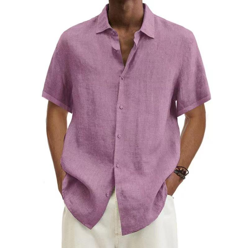 Camicia in lino, Manica corta, Cotone, Camicia con abbottonatura, Abbigliamento uomo-Rosa-S-Modaso