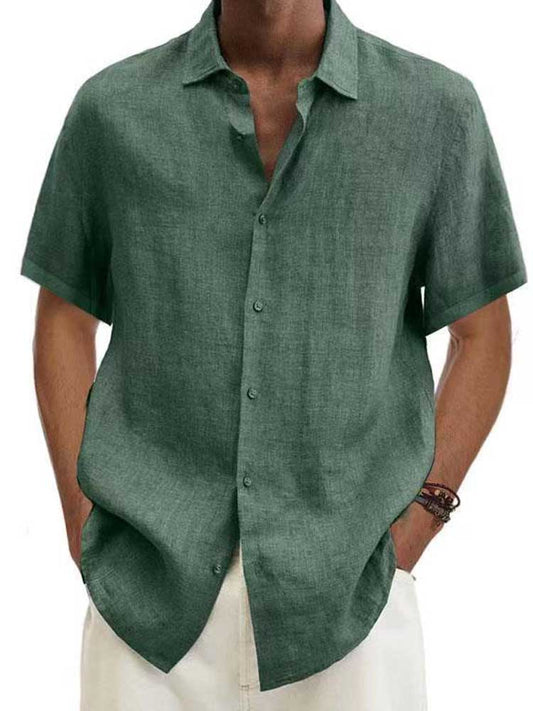 Camicia in lino, Manica corta, Cotone, Camicia con abbottonatura, Abbigliamento uomo-Verde-S-Modaso