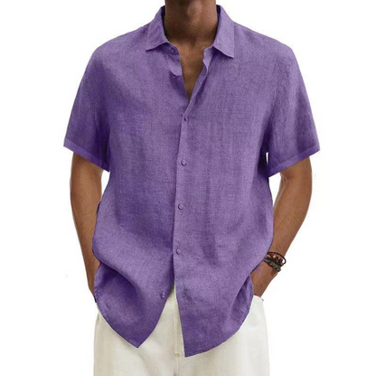 Camicia in lino, Manica corta, Cotone, Camicia con abbottonatura, Abbigliamento uomo-Viola-S-Modaso