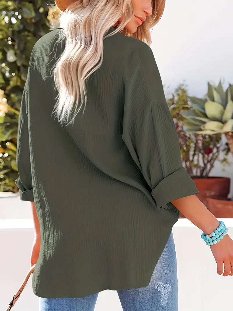Camicia in lino, Maniche lunghe, Abbottonatura, Blusa, Vestibilità ampia-Modaso