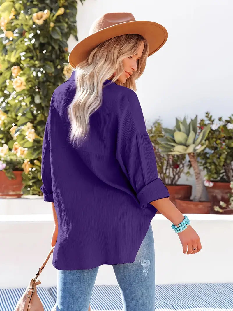 Camicia in lino, Maniche lunghe, Abbottonatura, Blusa, Vestibilità ampia-Modaso