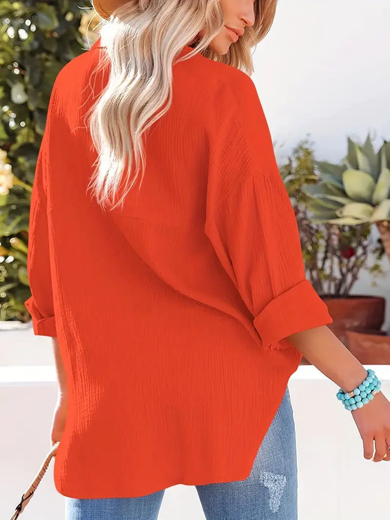 Camicia in lino, Maniche lunghe, Abbottonatura, Blusa, Vestibilità ampia-Modaso