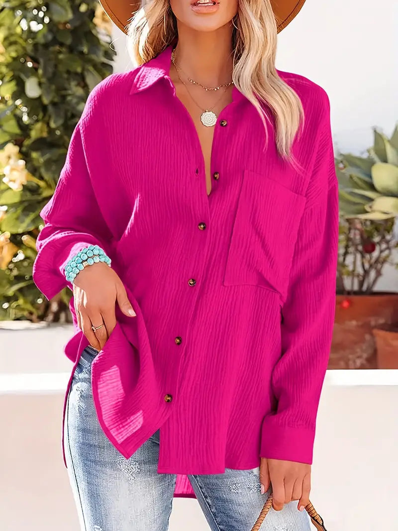Camicia in lino, Maniche lunghe, Abbottonatura, Blusa, Vestibilità ampia-Modaso