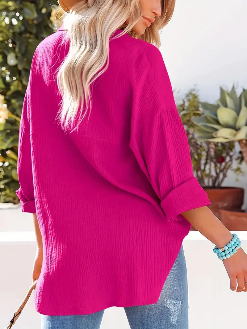 Camicia in lino, Maniche lunghe, Abbottonatura, Blusa, Vestibilità ampia-Modaso