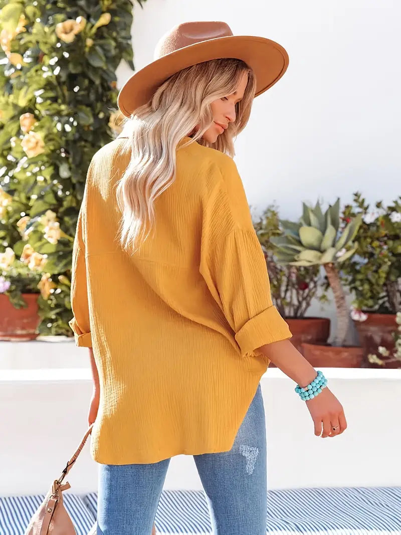 Camicia in lino, Maniche lunghe, Abbottonatura, Blusa, Vestibilità ampia-Modaso