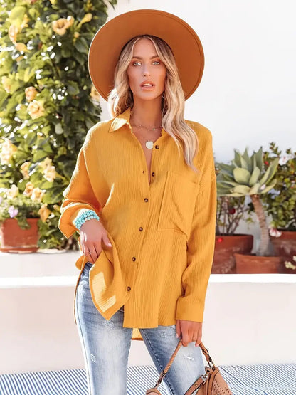 Camicia in lino, Maniche lunghe, Abbottonatura, Blusa, Vestibilità ampia-Modaso