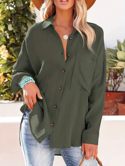 Camicia in lino, Maniche lunghe, Abbottonatura, Blusa, Vestibilità ampia-Modaso
