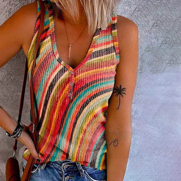 Canotta a Righe Multicolore, Top in Maglia con Bottoni-Modaso