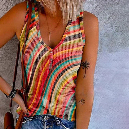 Canotta a Righe Multicolore, Top in Maglia con Bottoni-Modaso