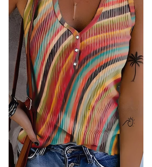 Canotta a Righe Multicolore, Top in Maglia con Bottoni-Modaso