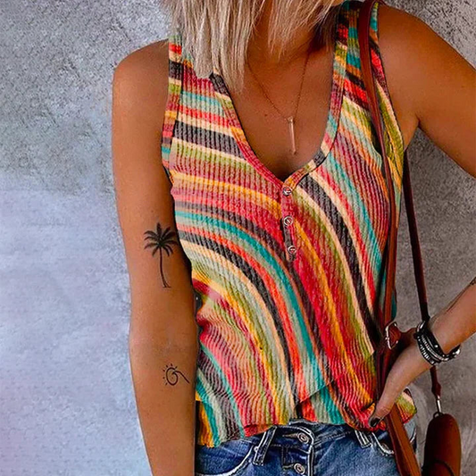 Canotta a Righe Multicolore, Top in Maglia con Bottoni-Multicolore-S-Modaso