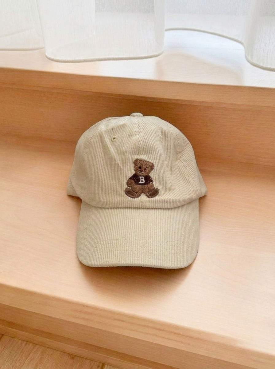 Cappellino da Baseball in Velluto a Coste con Orsetto-Beige-Modaso