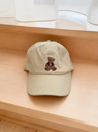 Cappellino da Baseball in Velluto a Coste con Orsetto-Beige-Modaso