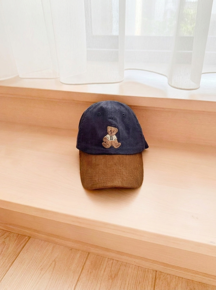 Cappellino da Baseball in Velluto a Coste con Orsetto-Blu-Modaso