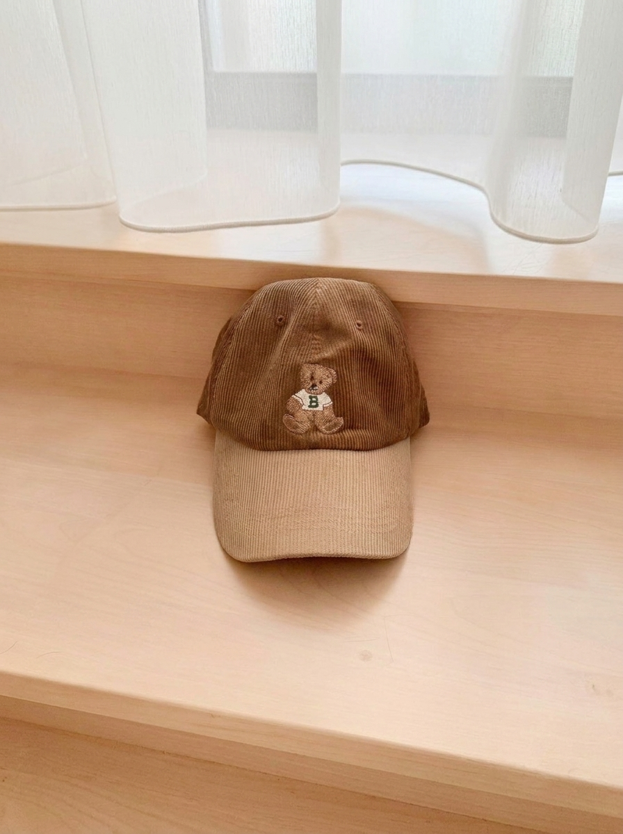 Cappellino da Baseball in Velluto a Coste con Orsetto-Marrone-Modaso