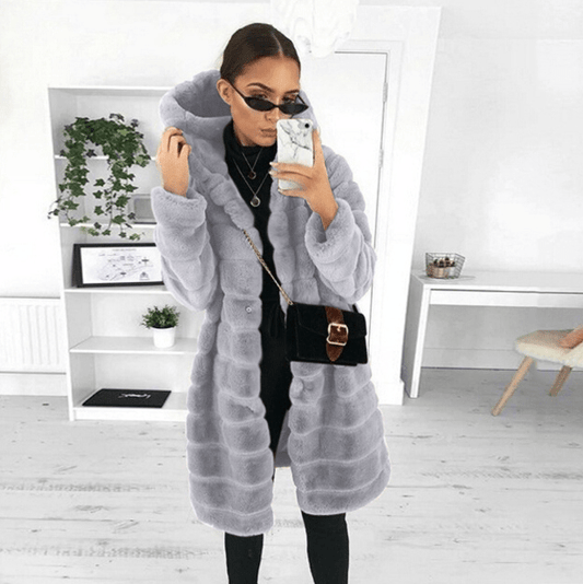 Cappotto in pelliccia sintetica - Cappotto invernale da donna con cappuccio di media lunghezza-Grigio-S-Modasso
