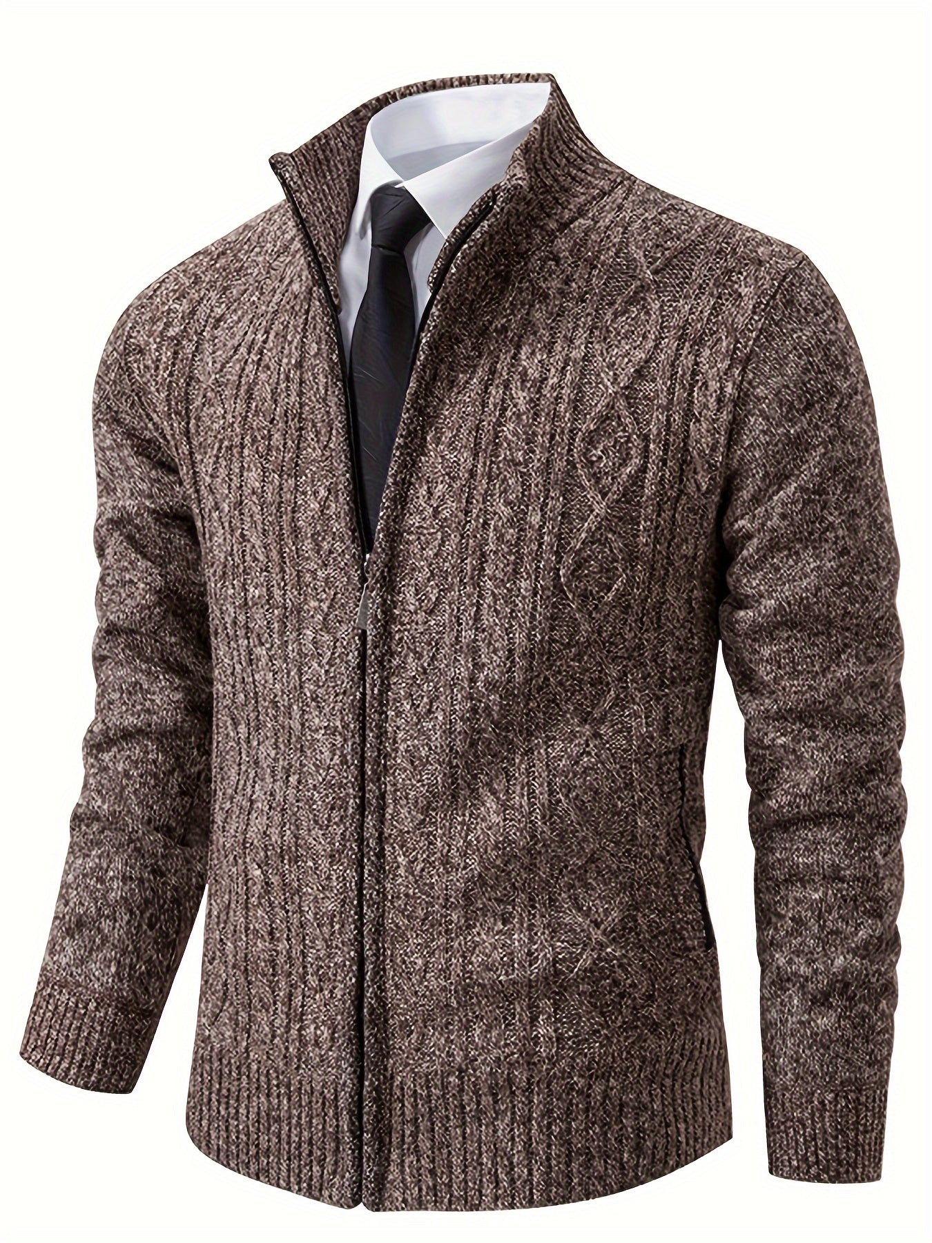 Cardigan Lavorato a Maglia | Caldo | Collo alto | Cardigan con zip | Cardigan da uomo-Caffè-S-Modasso