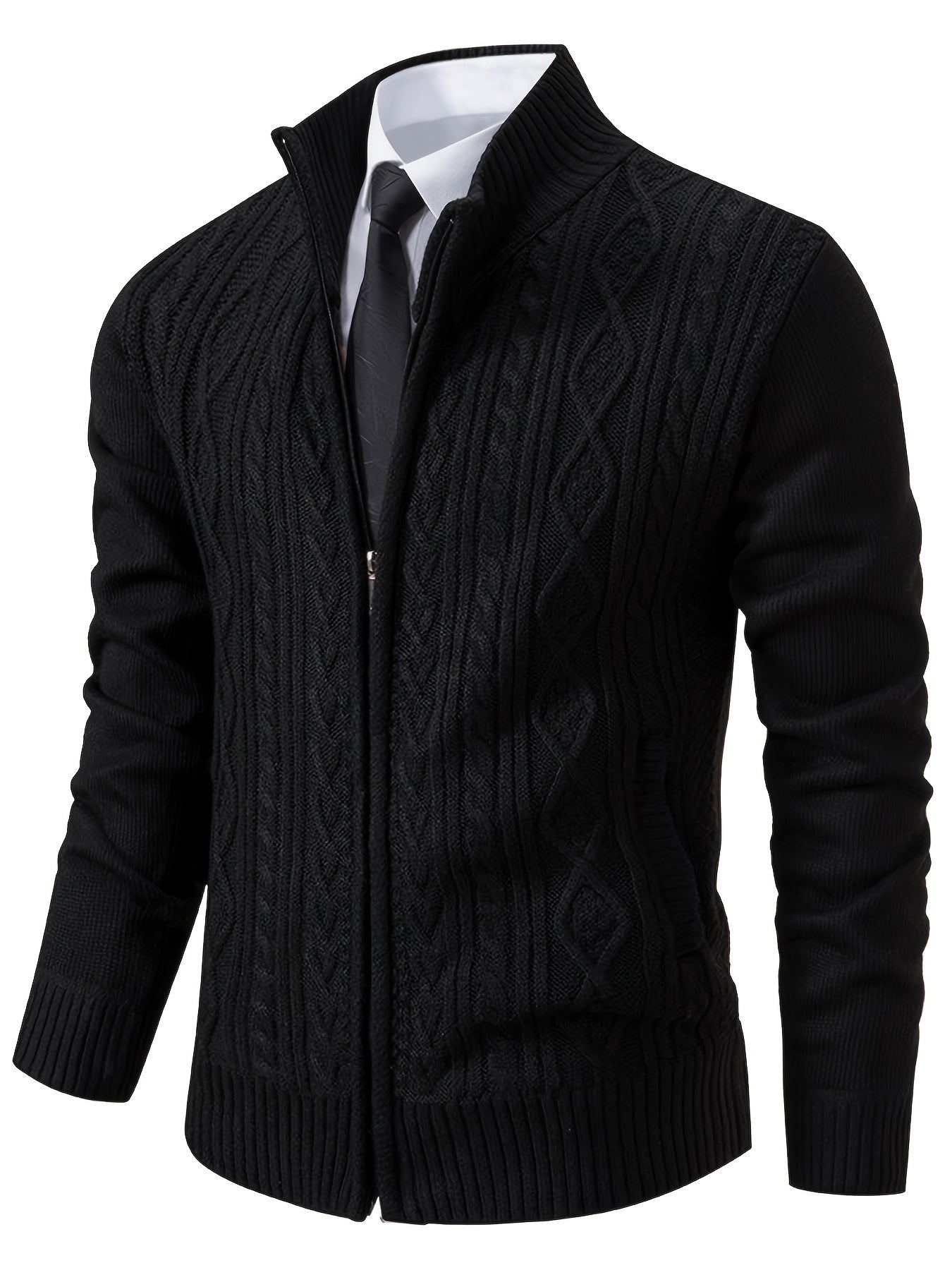 Cardigan Lavorato a Maglia | Caldo | Collo alto | Cardigan con zip | Cardigan da uomo-Nero-S-Modasso