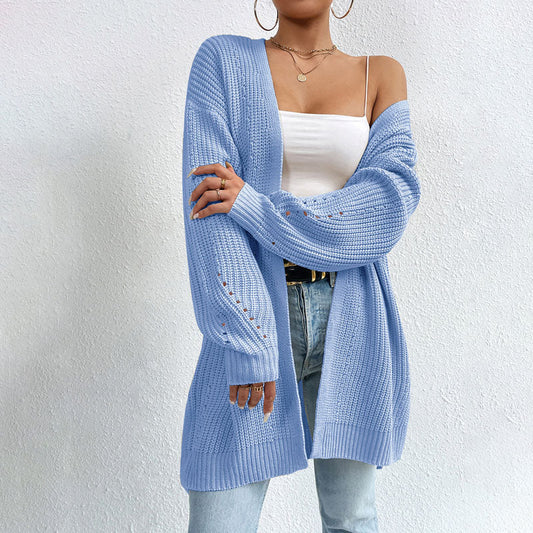 Cardigan Lungo | Aperto Davanti | Cotone | Cardigan lavorato a maglia | Cardigan da donna-Blu-S-Modasso